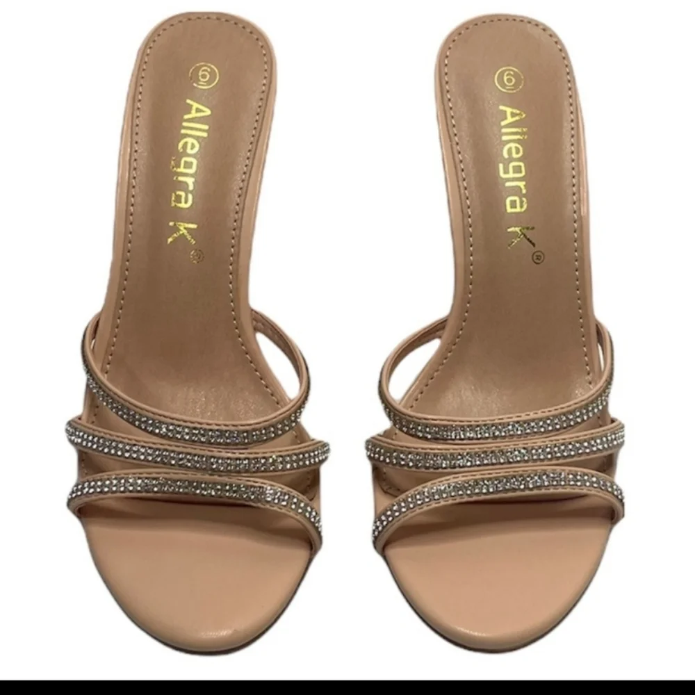 Sexy Beige Rhinestone Slide Sandals Dress Heel Sparkling Crystal Classic Strappy